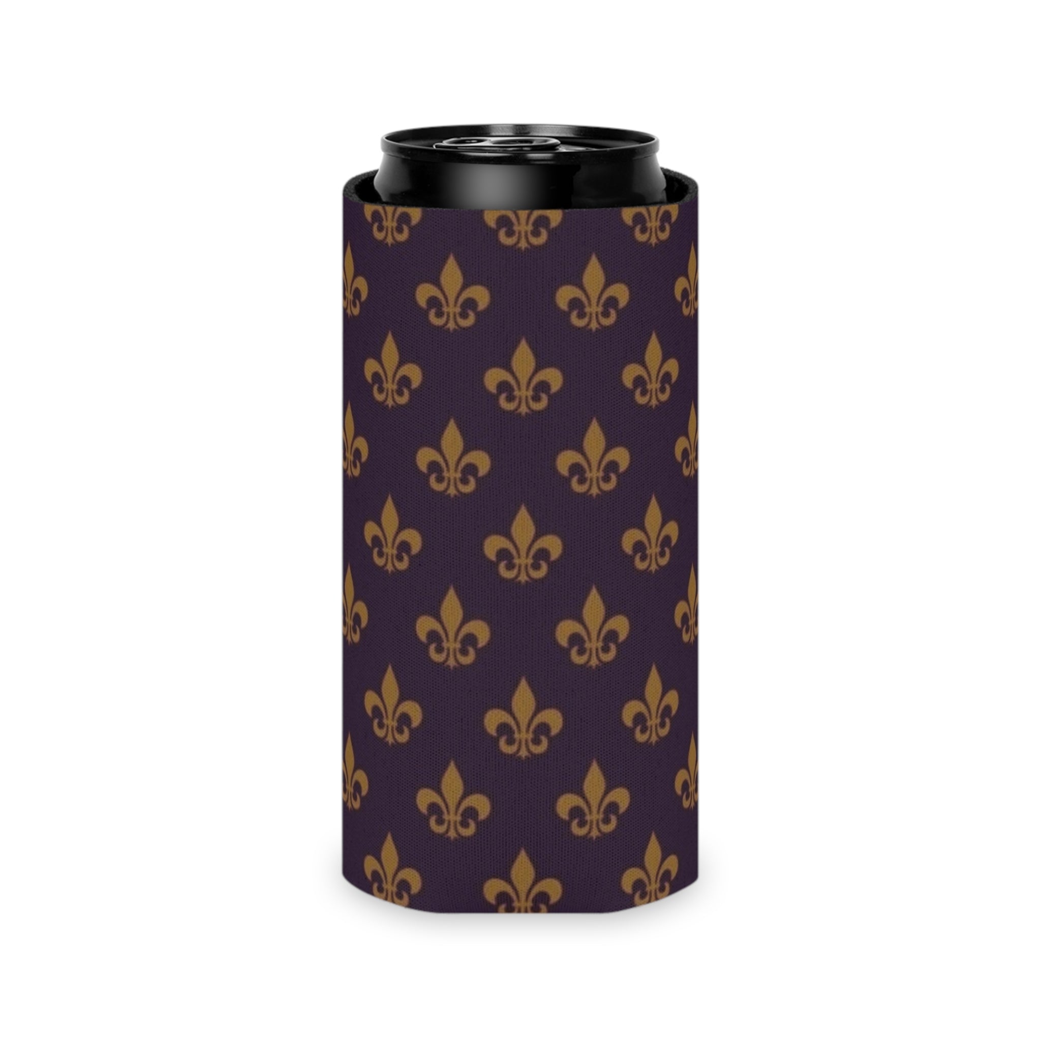 Fleur-de-Lis Can Cooler – Gold on Deep Purple Beverage Koozie