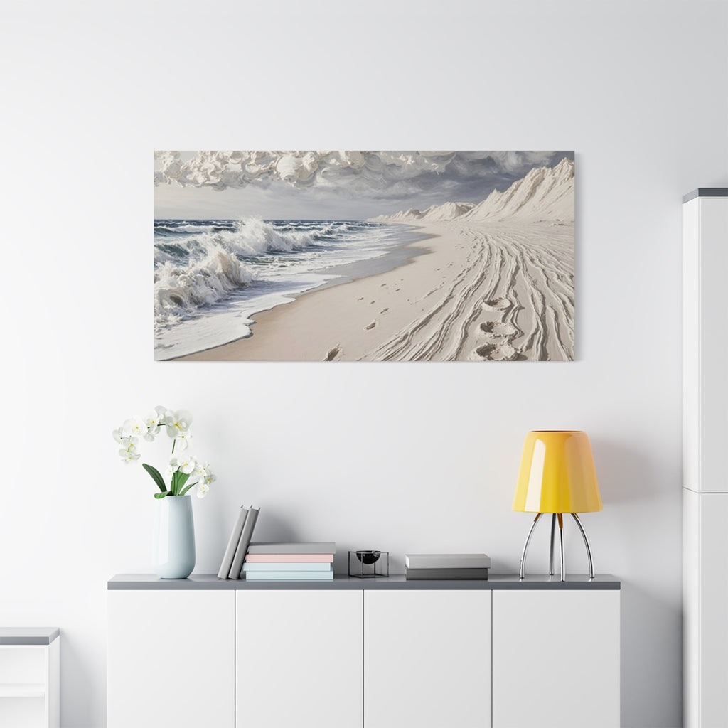 Coastal Serenity Matte Canvas Wall Art — Ocean Waves & Sandy Footprints