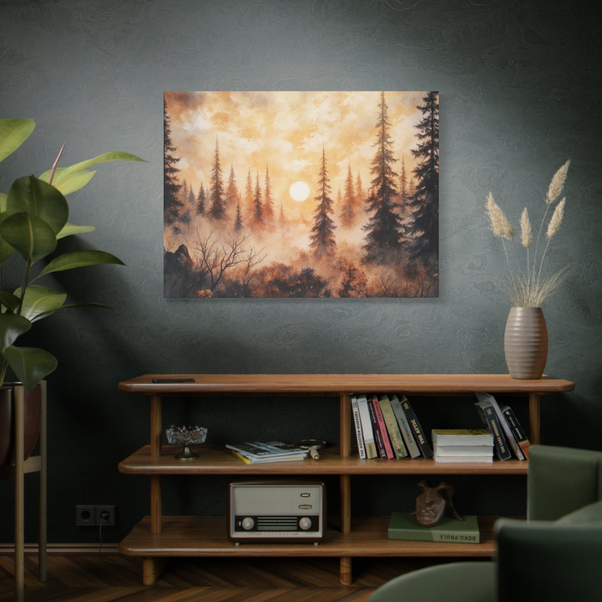 Canvas Wall Art - Misty Pine Forest Sunrise Matte Stretched Canvas