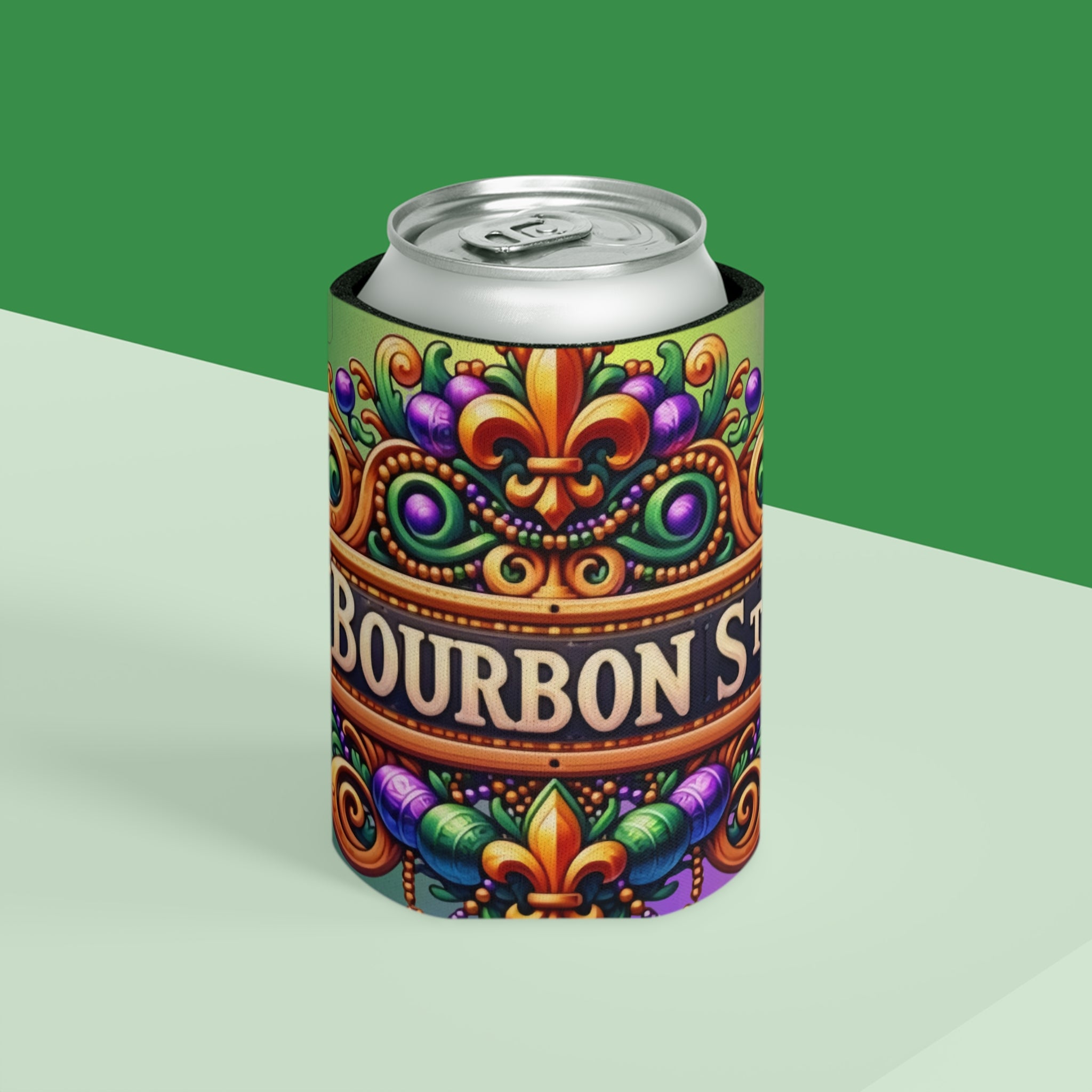 Can Cooler — Bourbon Street Mardi Gras Fleur-de-Lis Beverage Koozie