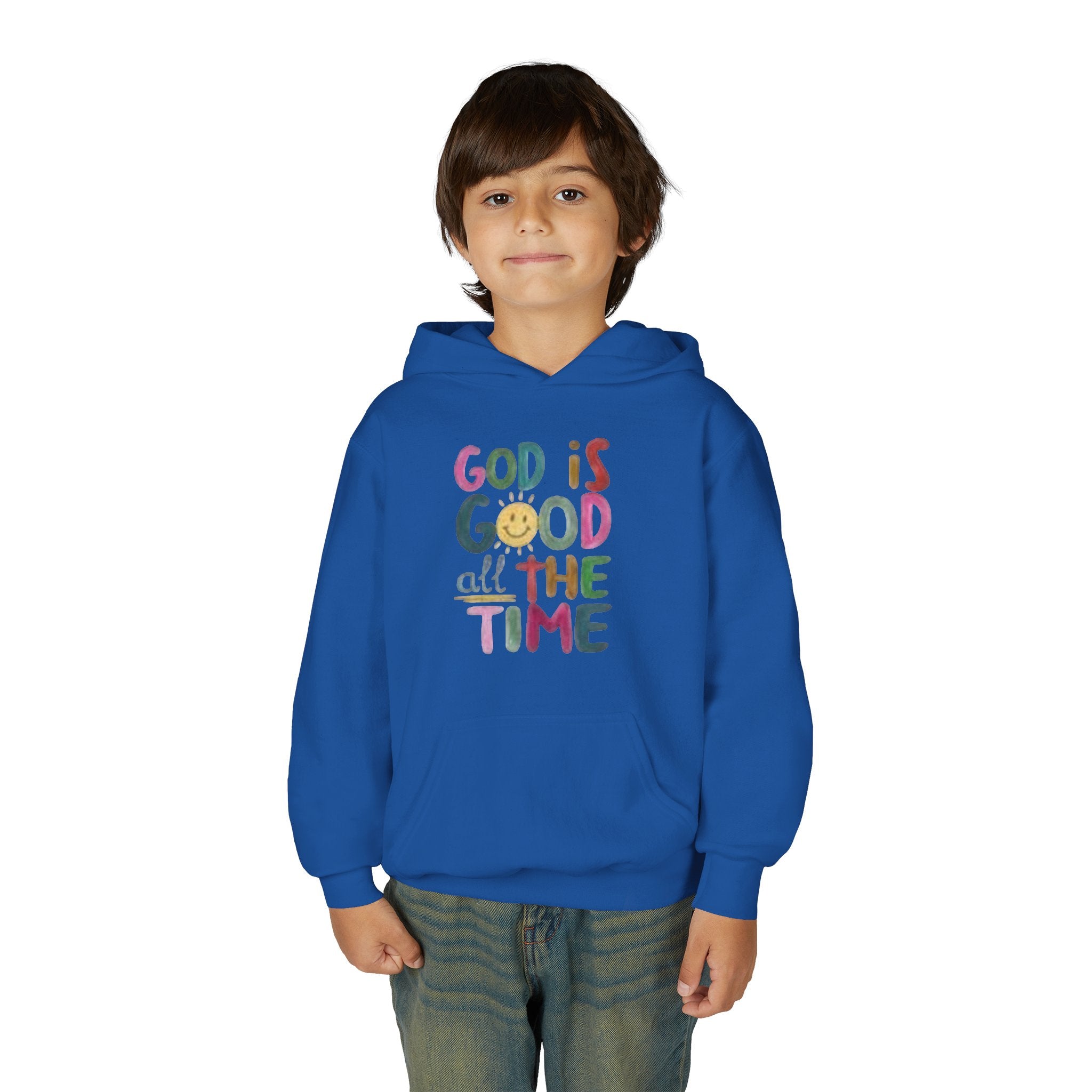 Youth Hoodie — "God Is Good All The Time" Colorful Faith Pullover