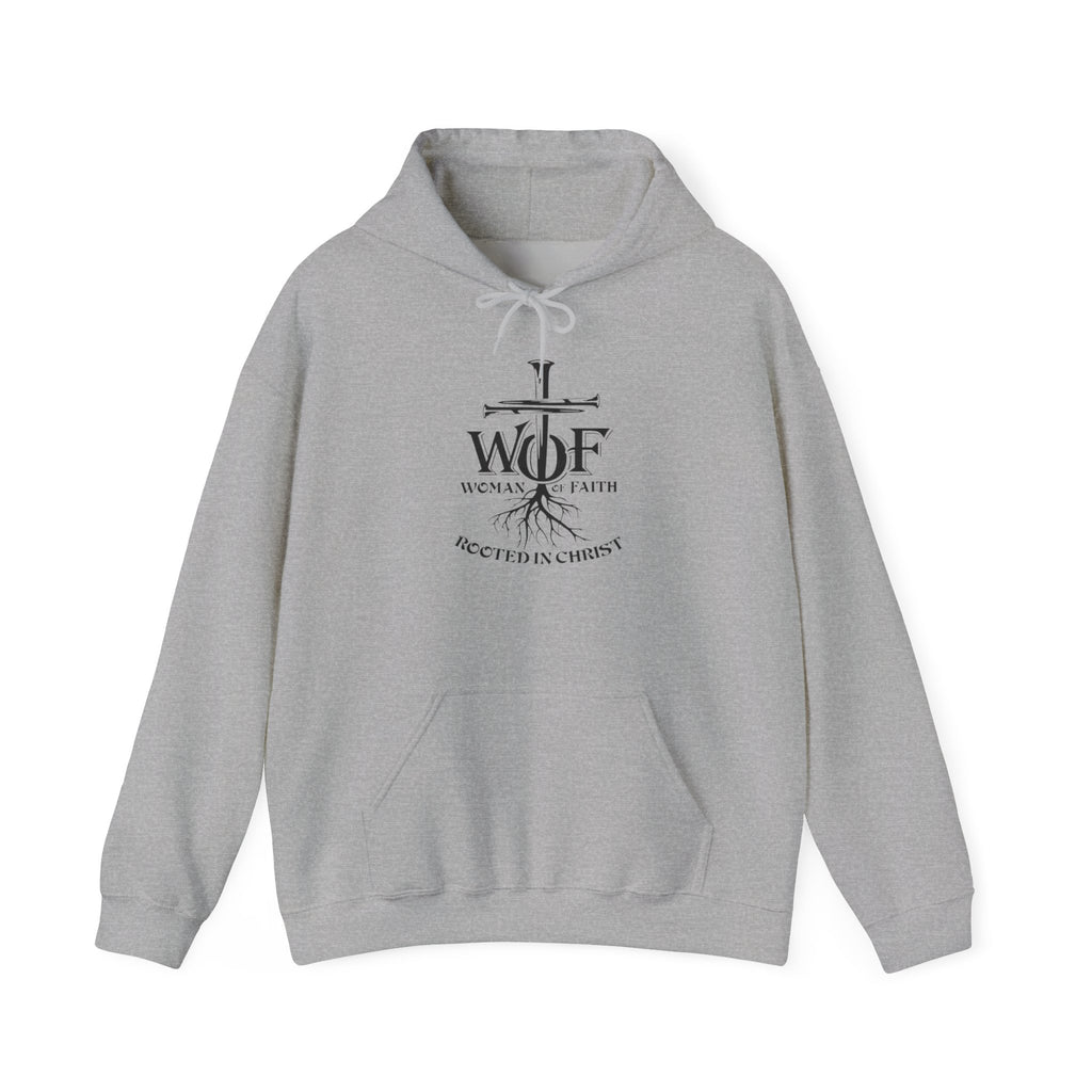 Hoodie — "W.O.F. Woman of Faith" Cross Christian Graphic Pullover