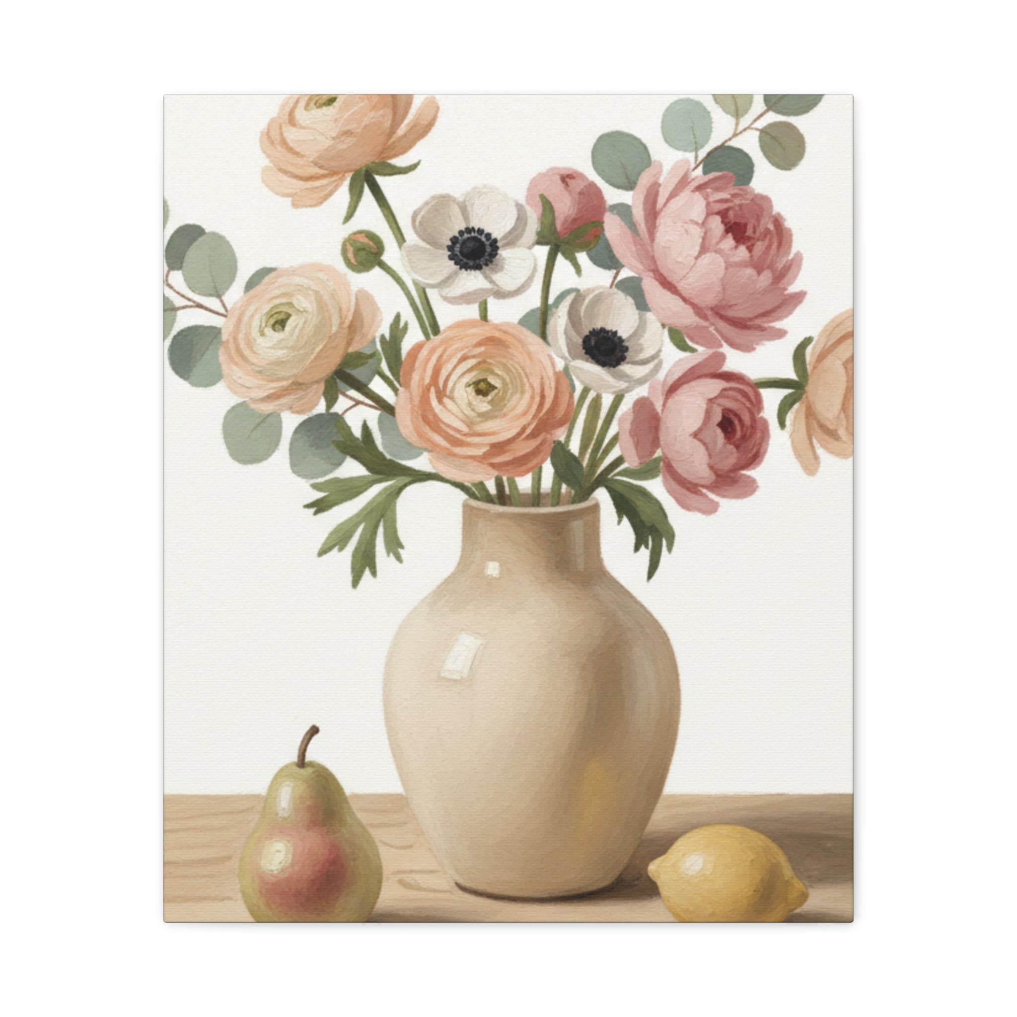 Floral Vase Canvas Wall Art — Pastel Peonies & Ranunculus Stretched Print