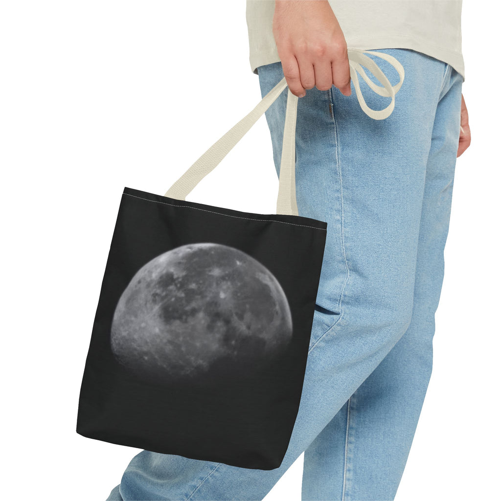Full Moon Black Tote Bag — Moon Phase AOP Canvas Tote for Night Lovers