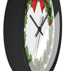Christmas Holly Wreath Wall Clock — Festive Red Bow Holiday Decor