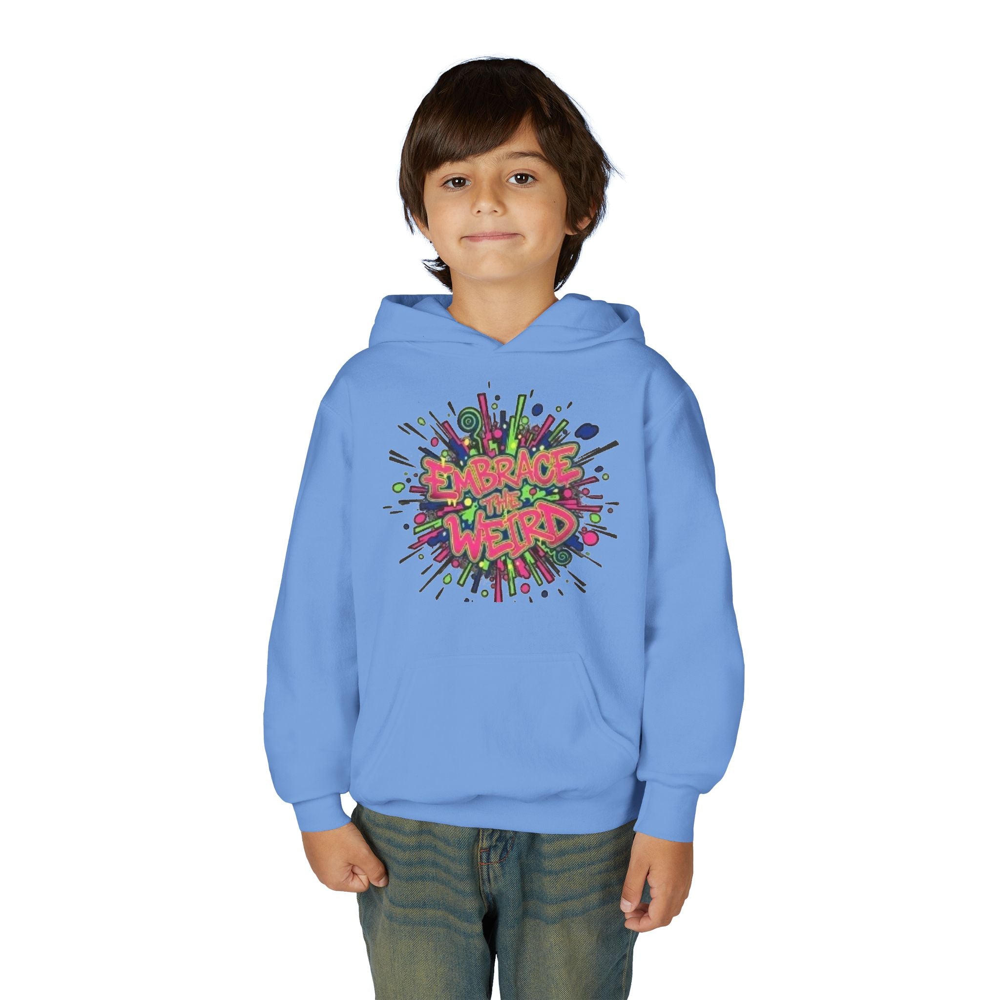 Youth Hoodie — "Embrace the Weird" Colorful Graffiti Graphic