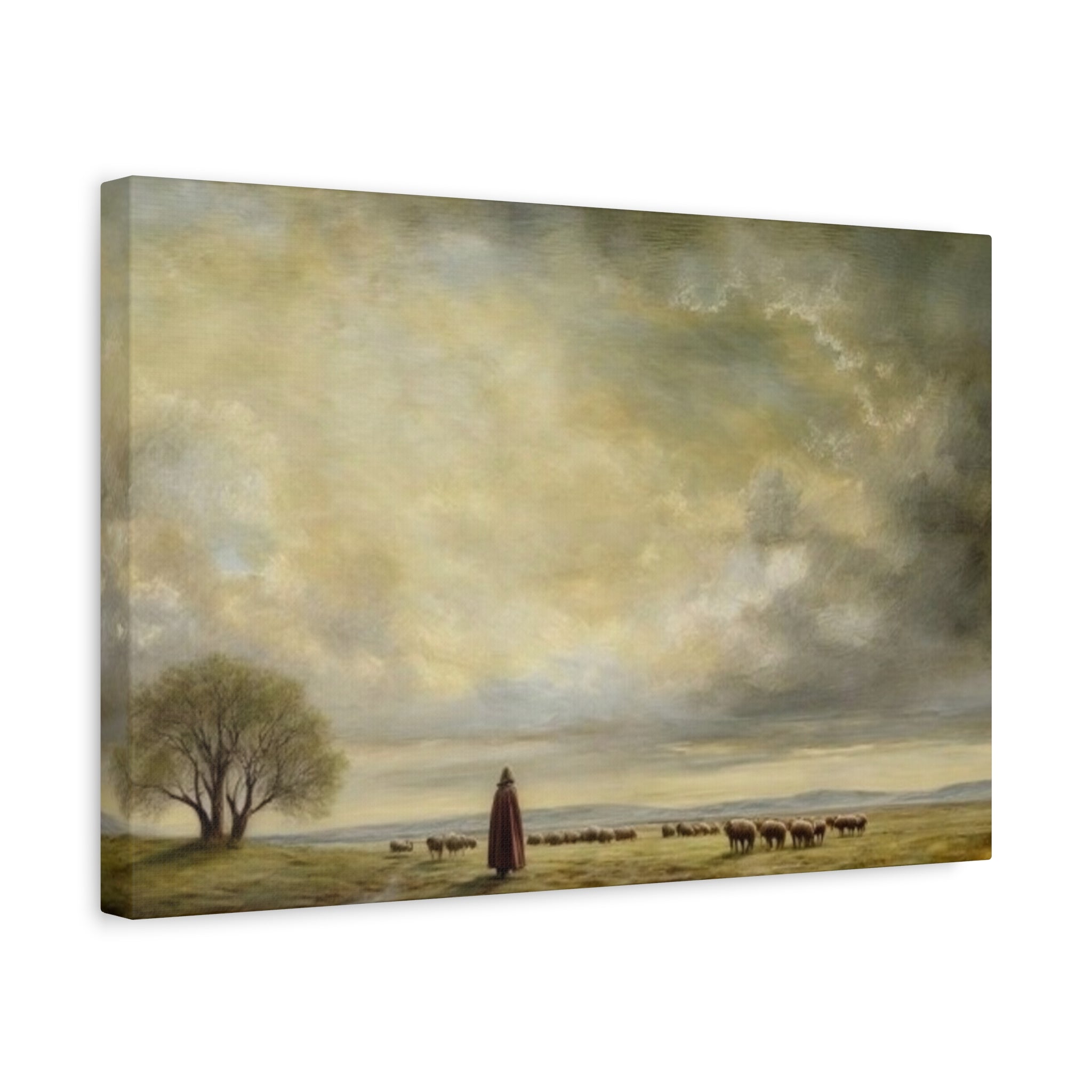 Shepherd in Pastoral Landscape Matte Canvas Print