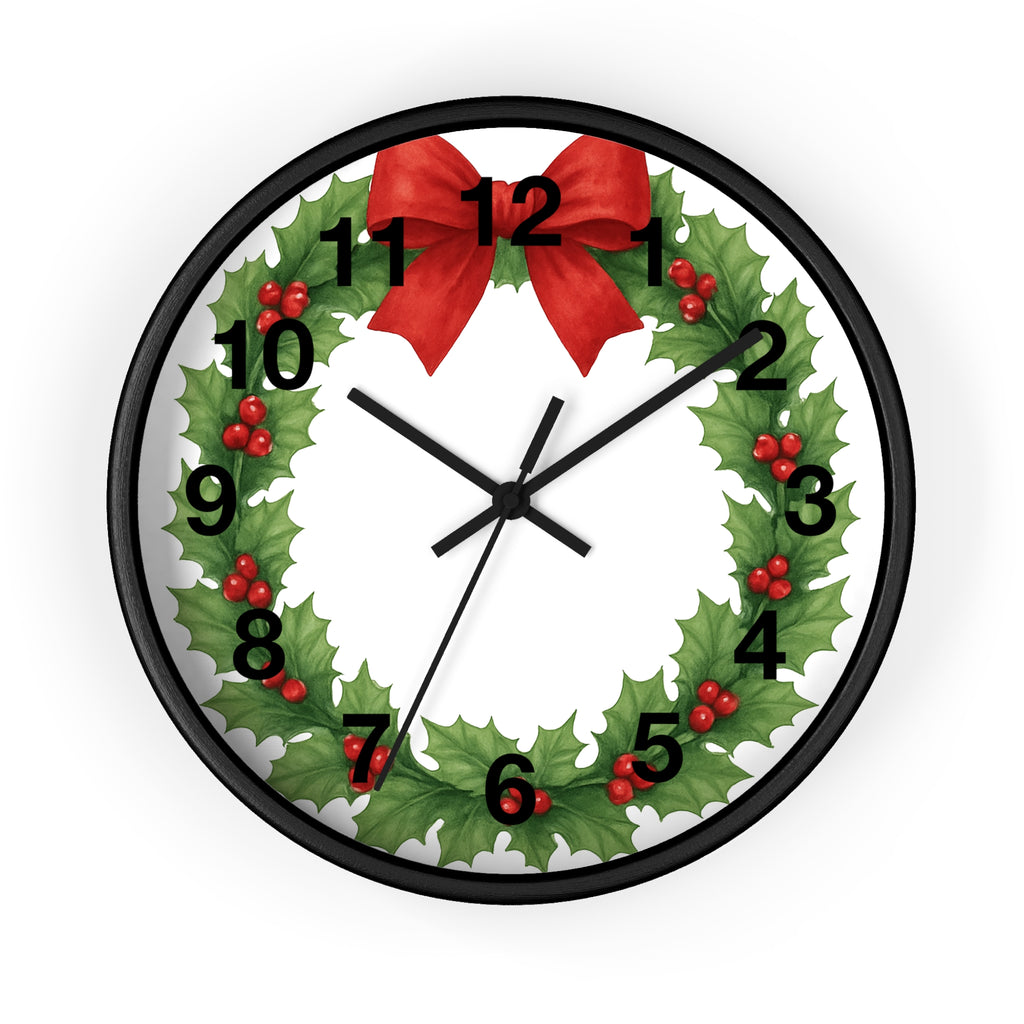 Christmas Holly Wreath Wall Clock — Festive Red Bow Holiday Decor