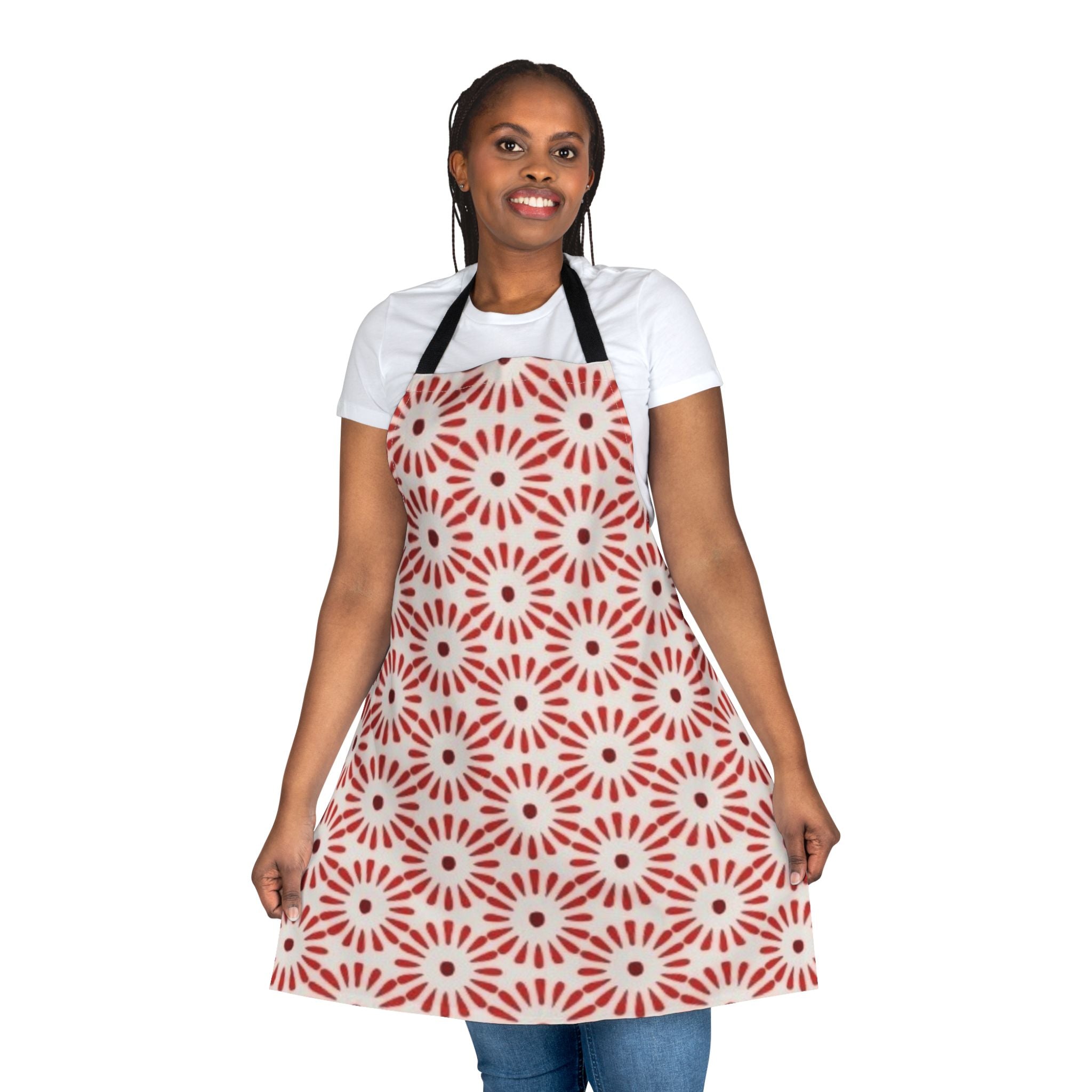 Red Floral Geometric Apron — Casual Kitchen Cooking & Baking Apron