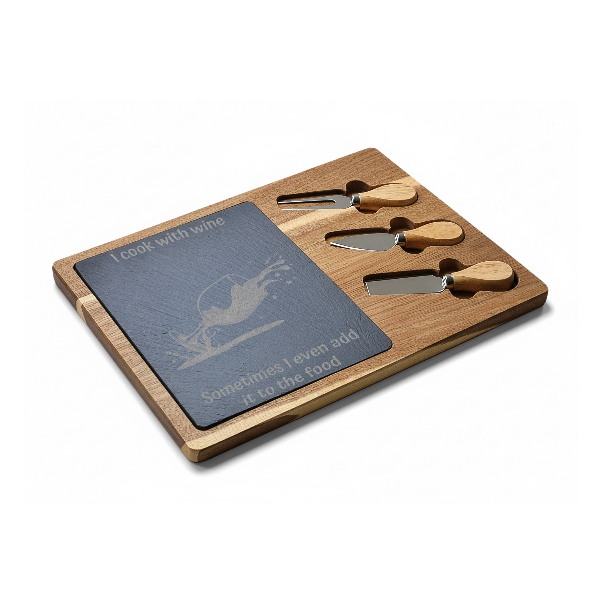 Engraved Wine Lover Charcuterie Board — "I cook with wine" Slate Serving Paddle