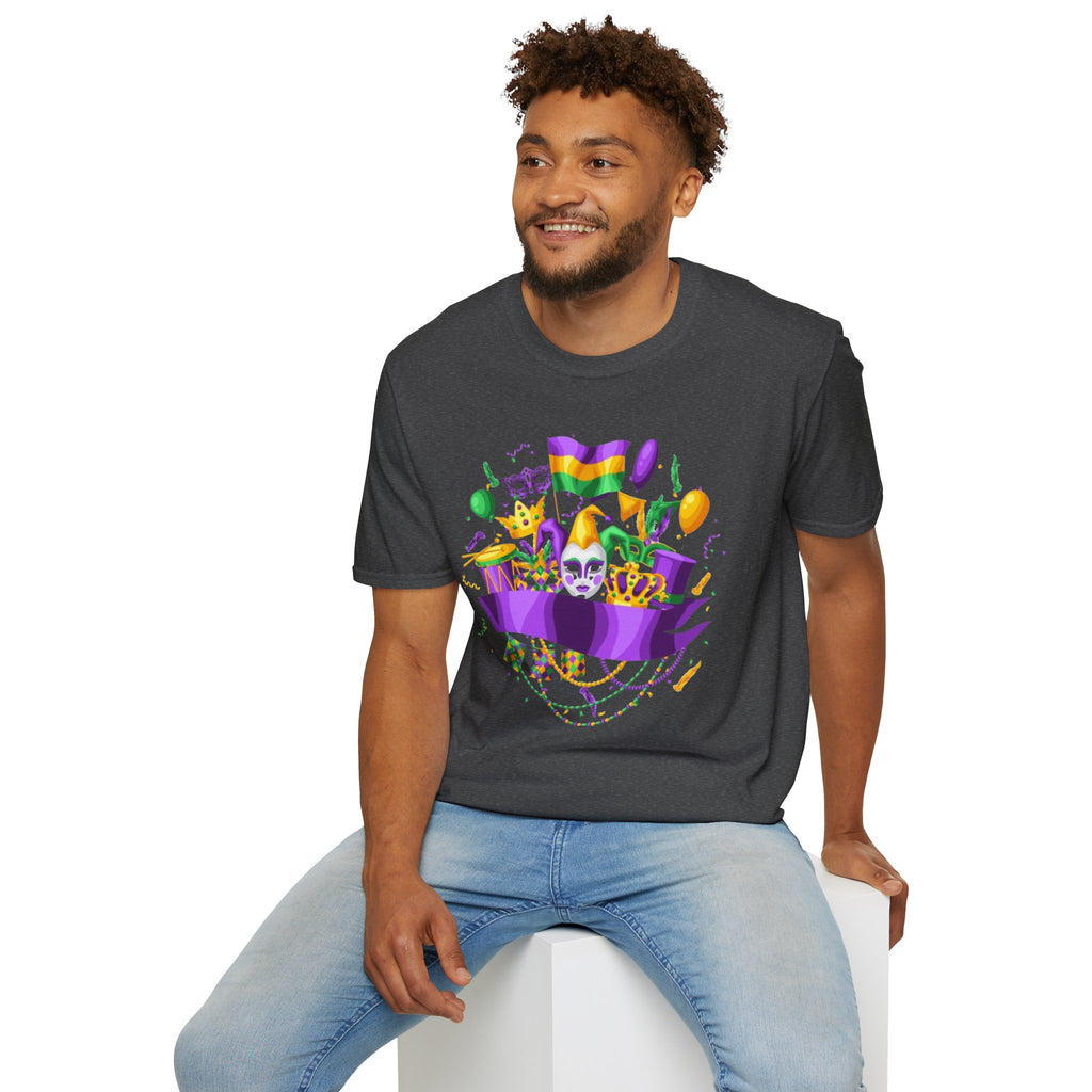 Mardi Gras Carnival T-Shirt — Festive Mask, Beads & Balloon Design