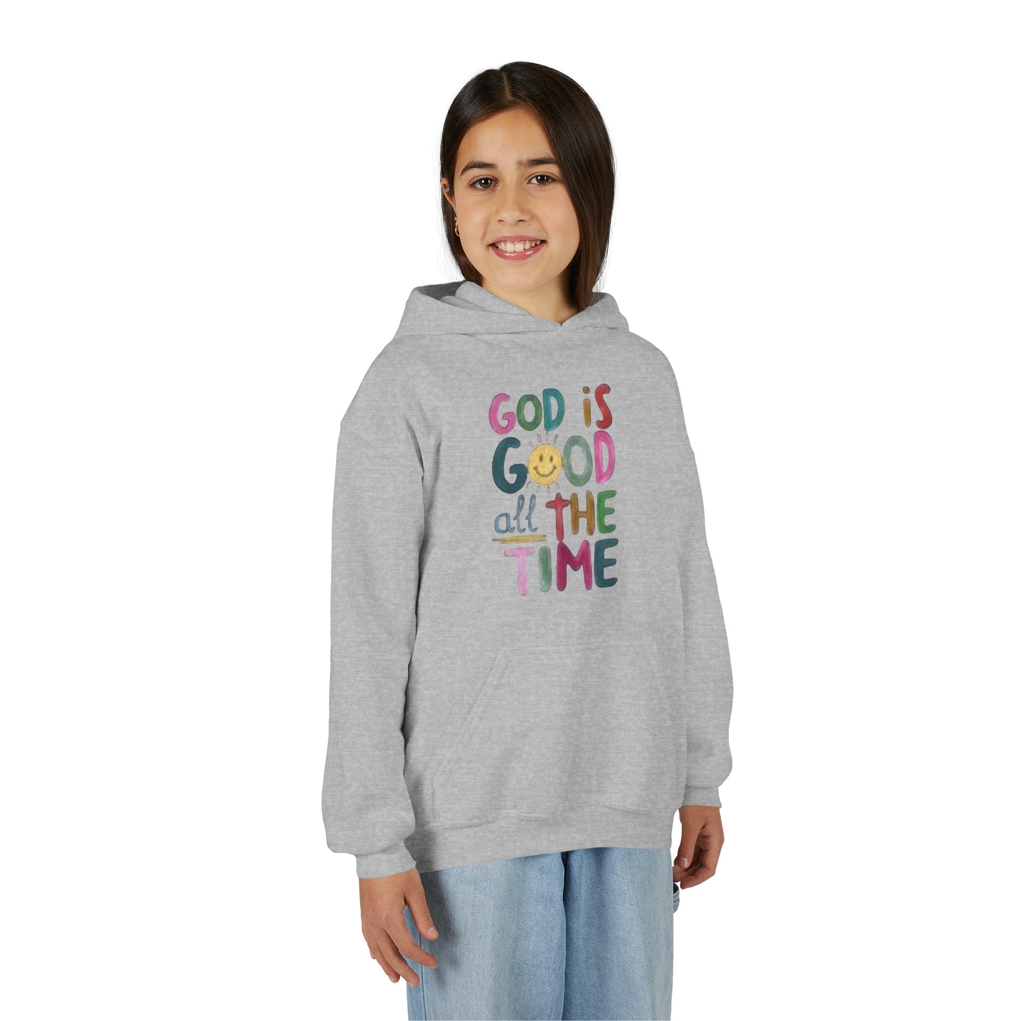 Youth Hoodie — "God Is Good All The Time" Colorful Faith Pullover