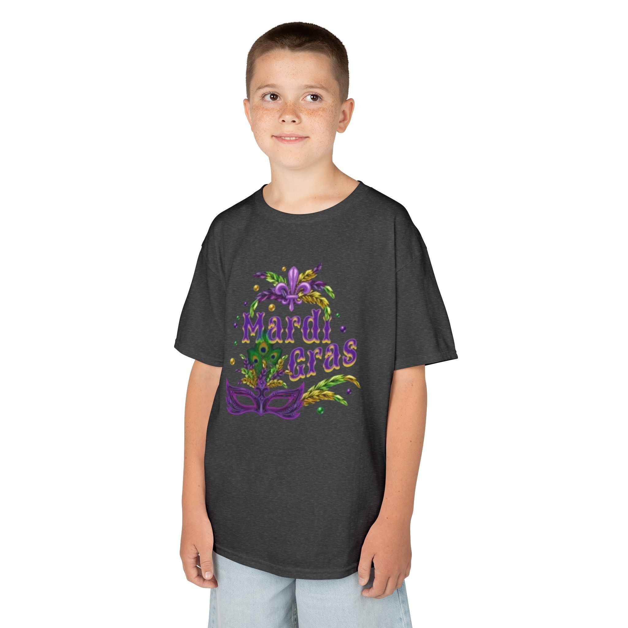 Kids Mardi Gras T-Shirt — Purple & Green Mask Design