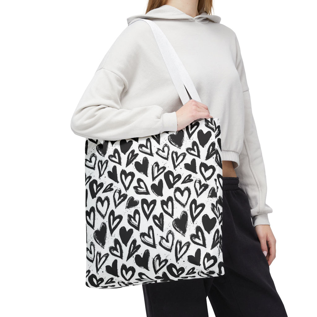 Heart Pattern Tote Bag — Black & White Hand-Drawn Hearts All-Over Print