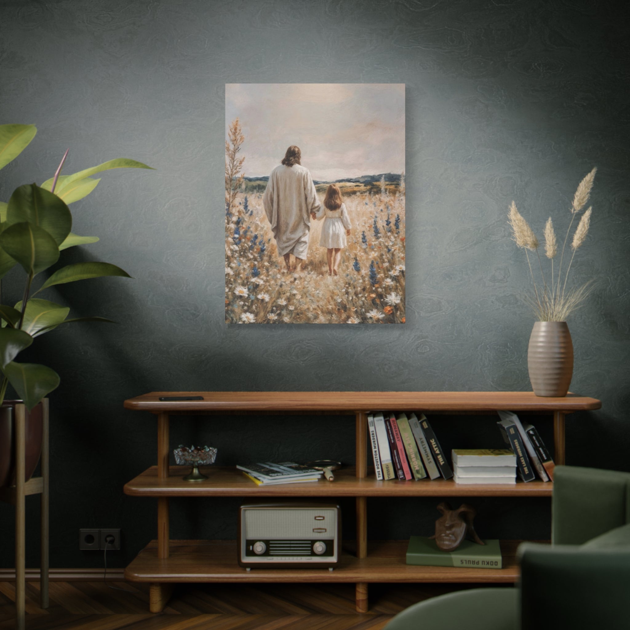 Jesus and Child Walking in Field Canvas Art - Religious Wall Decor