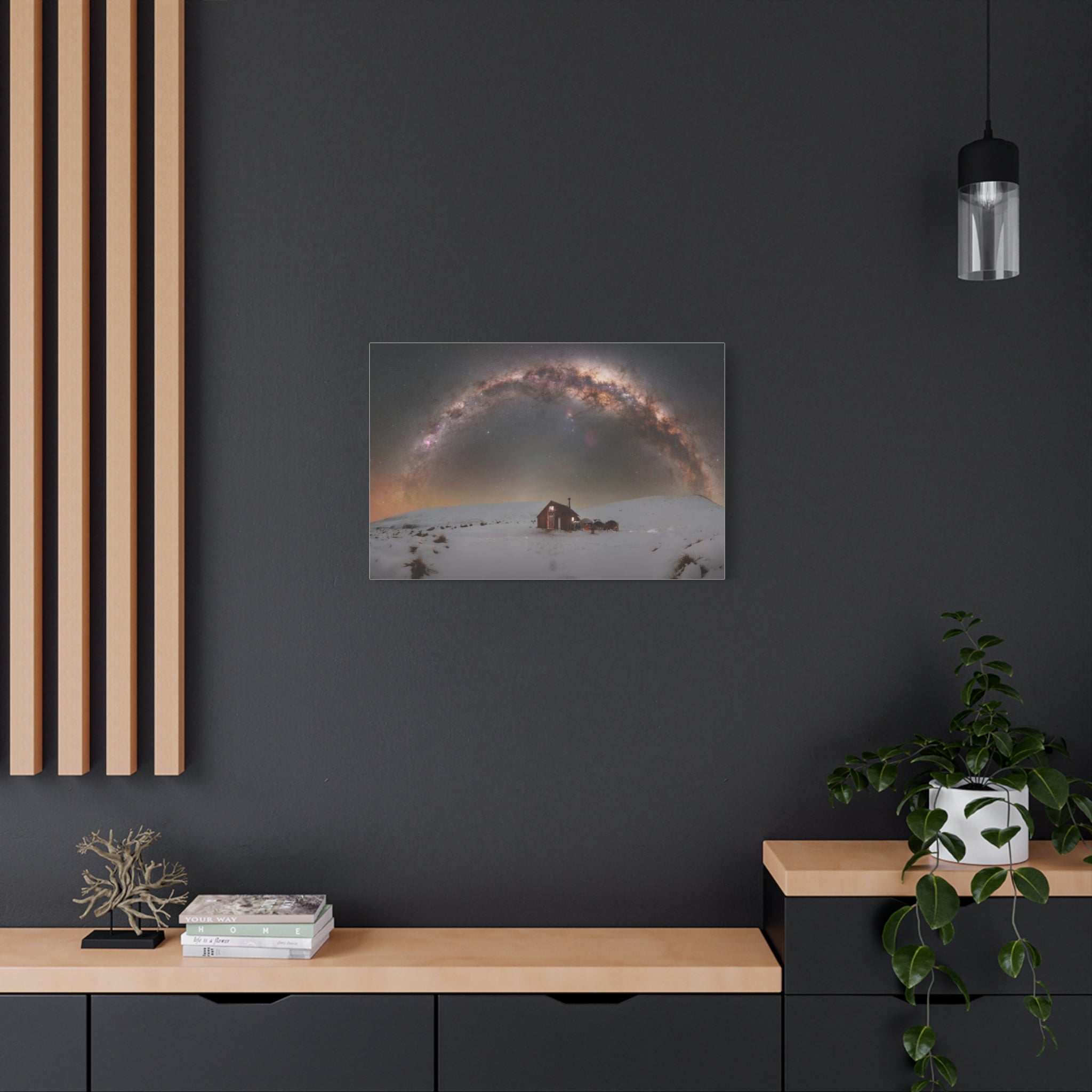 Milky Way Over Snowy Cabin — Matte Stretched Canvas Wall Art