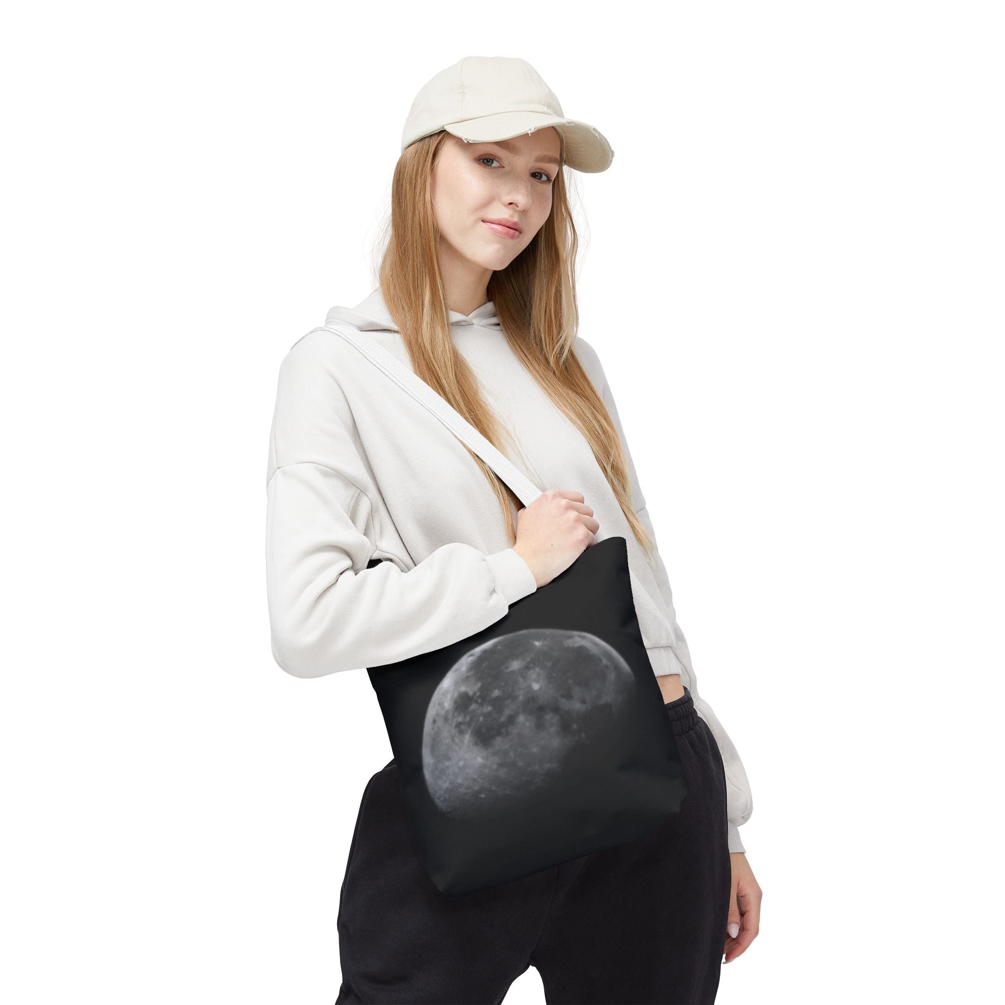 Full Moon Black Tote Bag — Moon Phase AOP Canvas Tote for Night Lovers