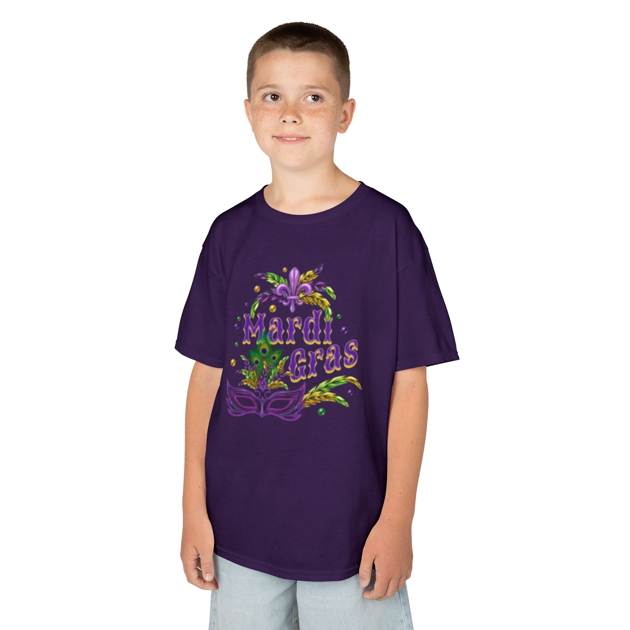 Kids Mardi Gras T-Shirt — Purple & Green Mask Design
