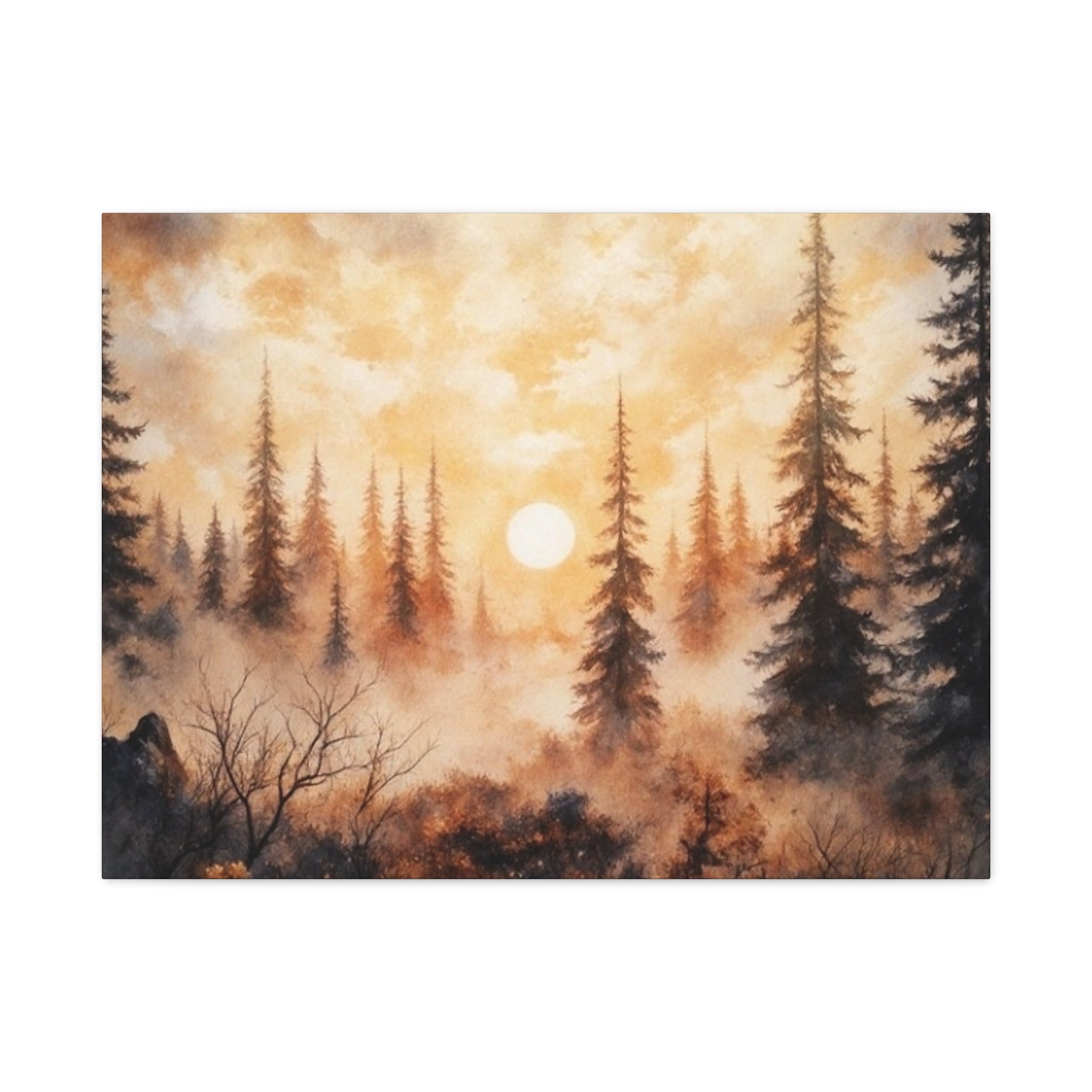 Canvas Wall Art - Misty Pine Forest Sunrise Matte Stretched Canvas
