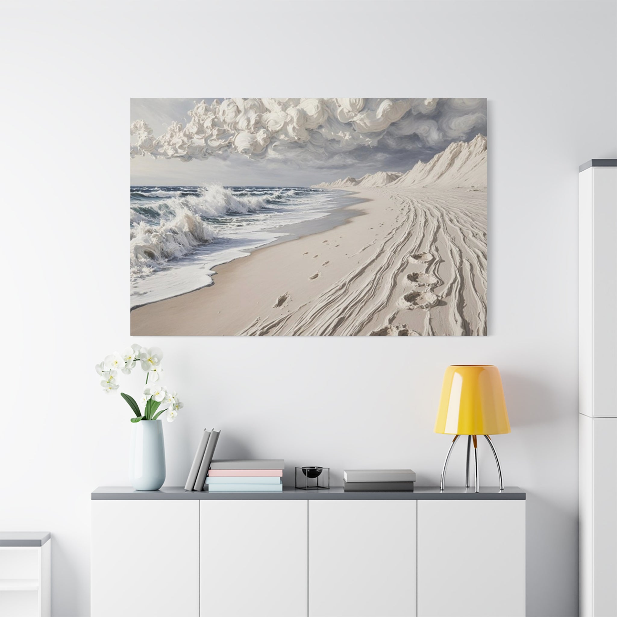 Coastal Serenity Matte Canvas Wall Art — Ocean Waves & Sandy Footprints