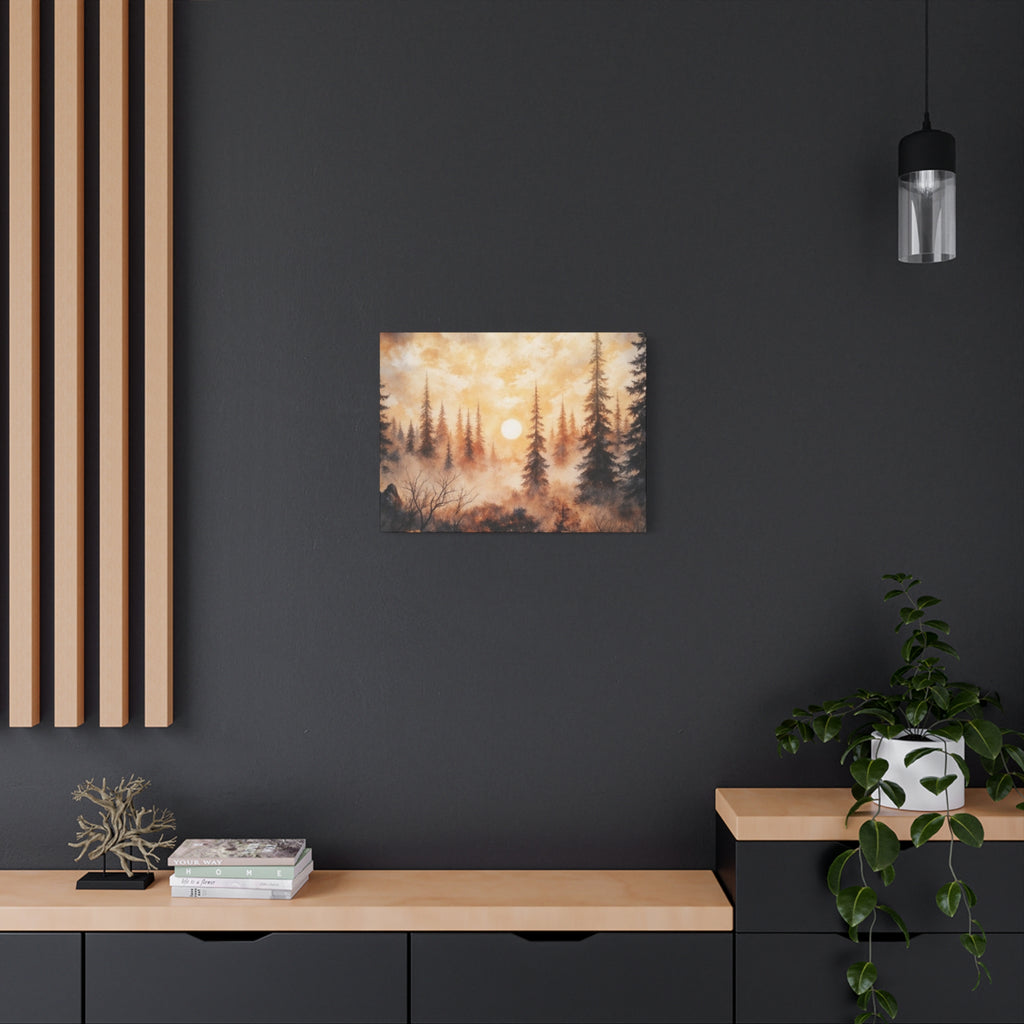 Canvas Wall Art - Misty Pine Forest Sunrise Matte Stretched Canvas