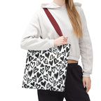 Heart Pattern Tote Bag — Black & White Hand-Drawn Hearts All-Over Print