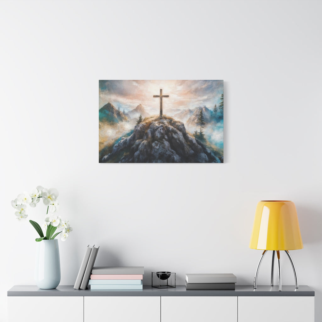 Cross on Mountain Matte Canvas Wall Art — Christian Inspirational Landscape
