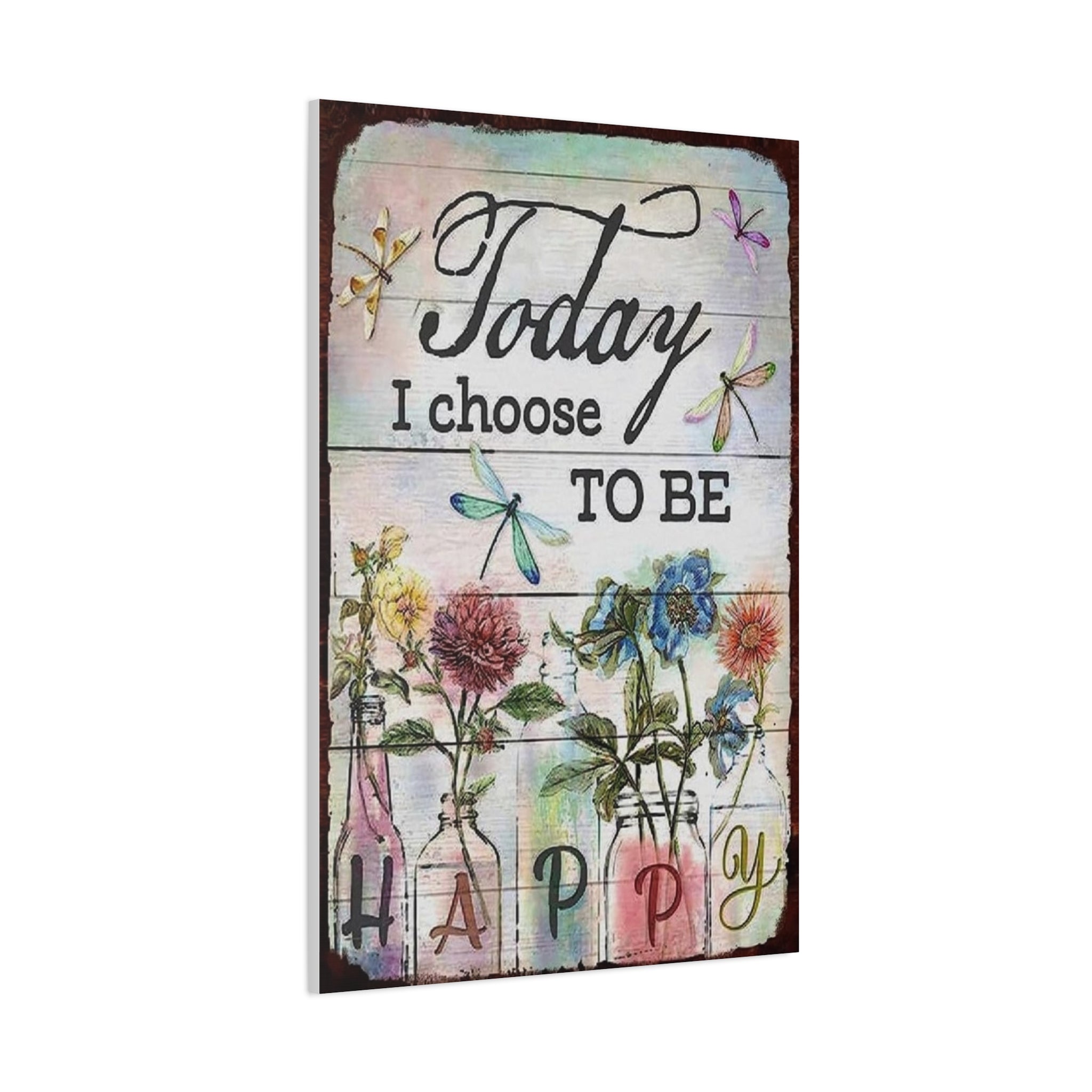 Today I Choose To Be Happy Canvas Wall Art — Floral Dragonfly Inspirational Quote