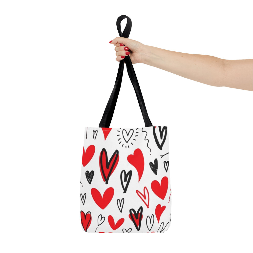 Heart Pattern Tote Bag — Red & Black Doodle Hearts All-Over Print