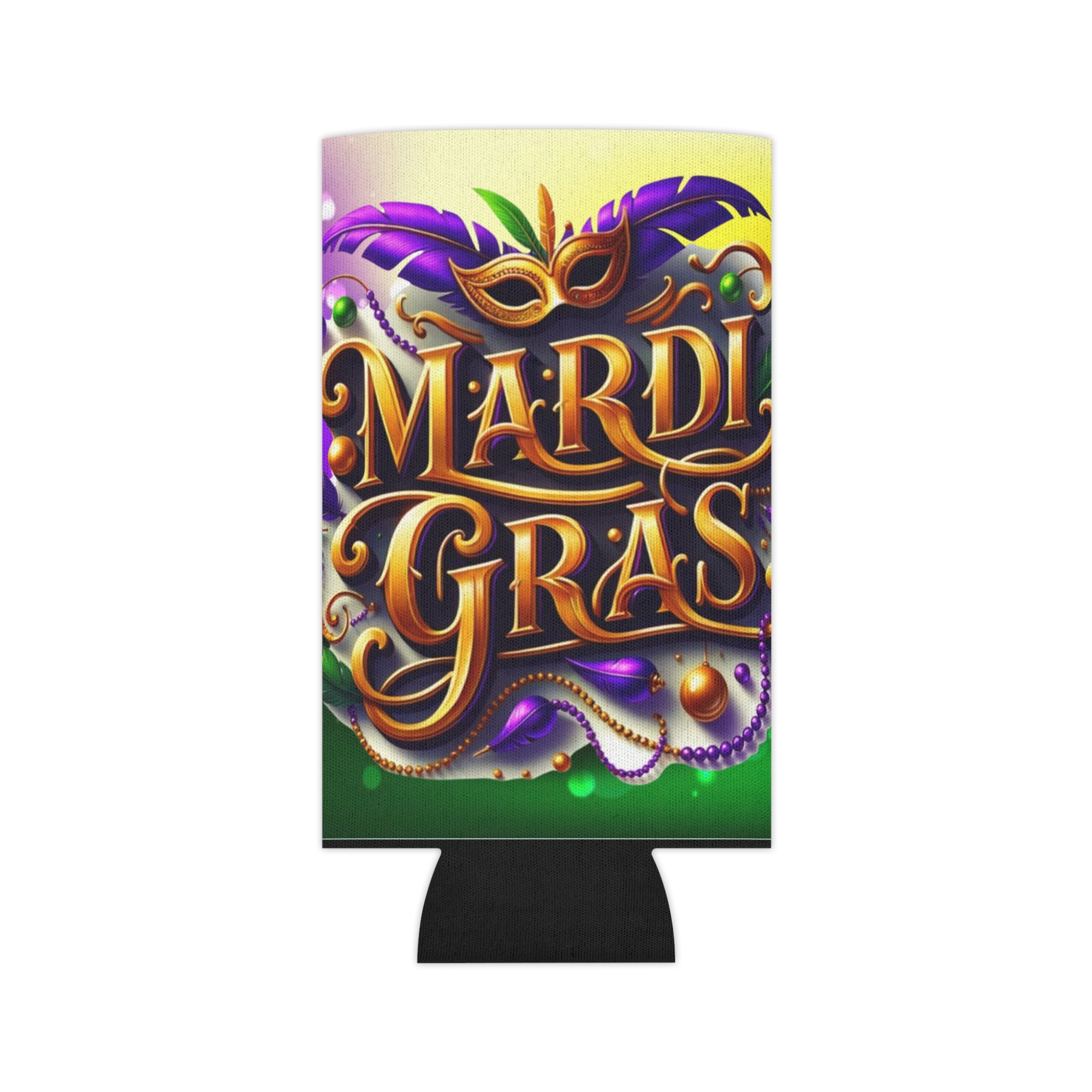 Mardi Gras Can Cooler – Festive Mask & Beads Neoprene Beer Koozie
