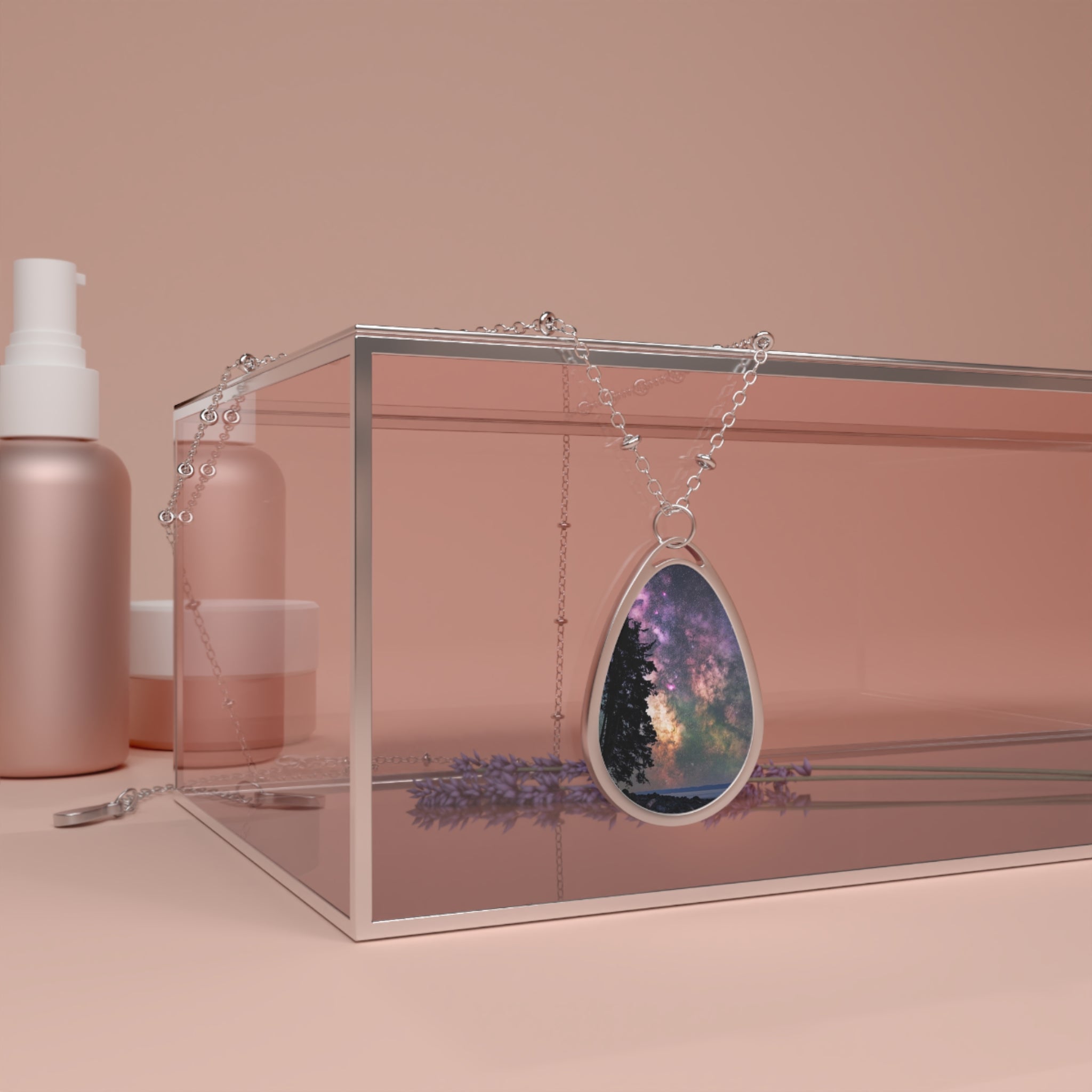 Oval Galaxy Pendant Necklace — Starry Night Teardrop Photo Locket