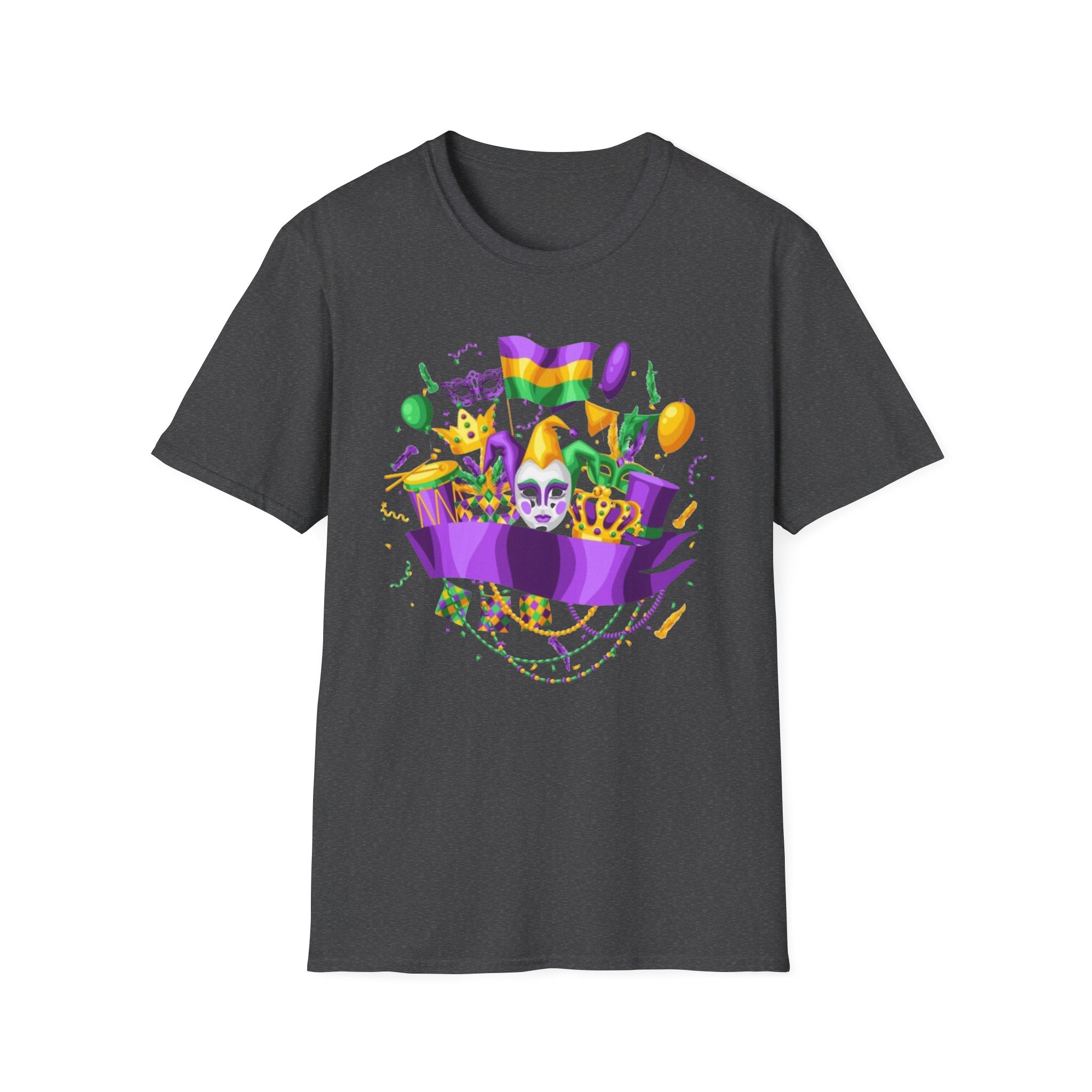 Mardi Gras Carnival T-Shirt — Festive Mask, Beads & Balloon Design