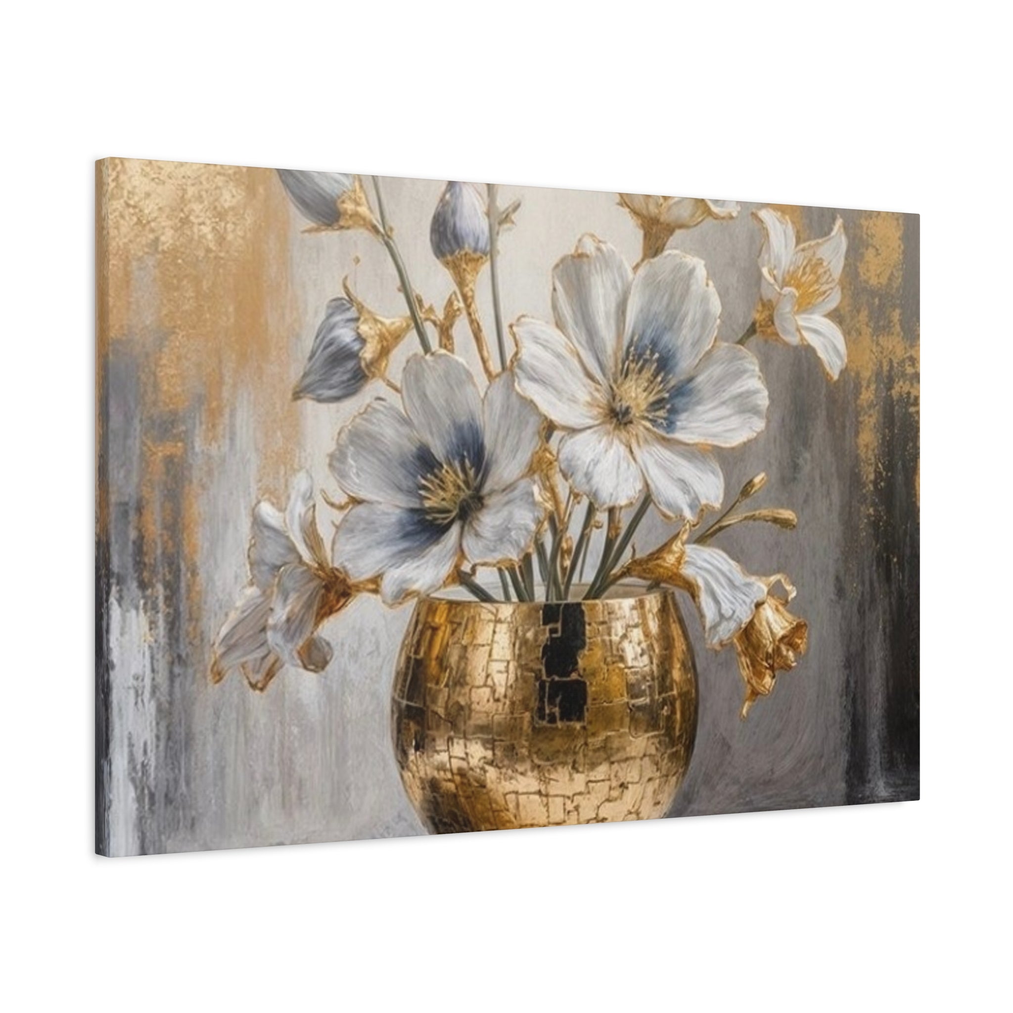 Floral Gold Vase Canvas Print — Elegant White & Blue Flower Wall Art