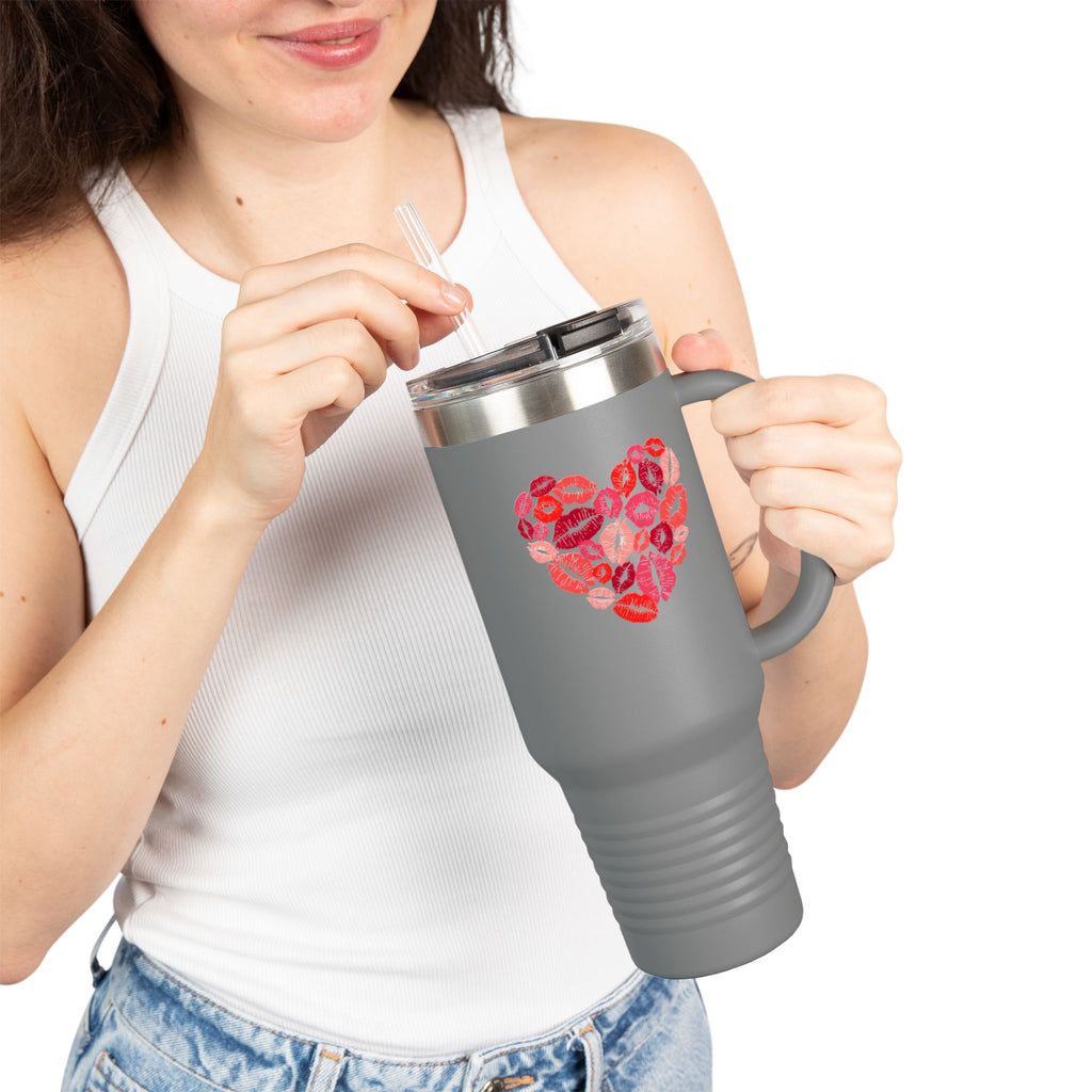 40oz Insulated Travel Mug — Pink Lipstick Kiss Heart Design