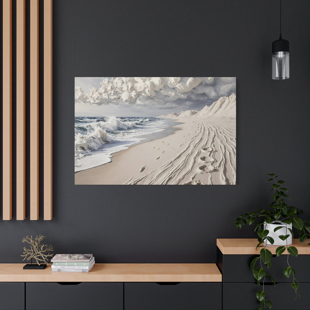 Coastal Serenity Matte Canvas Wall Art — Ocean Waves & Sandy Footprints
