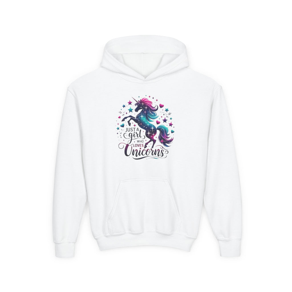 Youth Unicorn Hoodie - "Just a Girl Who Loves Unicorns" Cute Magical Kids Sweatshirt