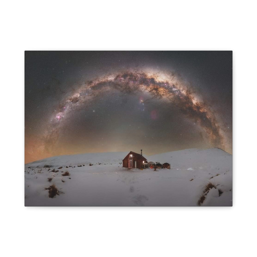 Milky Way Over Snowy Cabin — Matte Stretched Canvas Wall Art