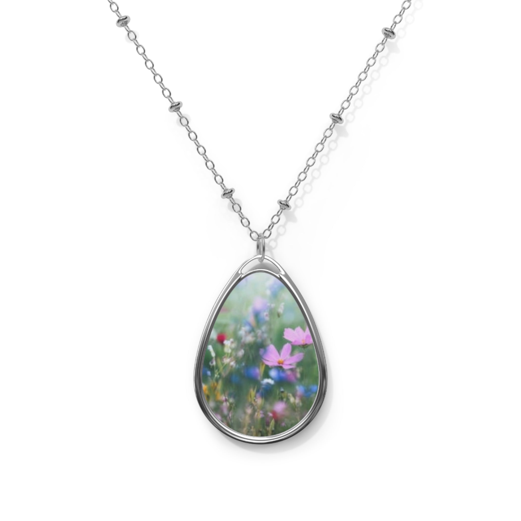 Spring Meadow Oval Pendant Necklace — Floral Photo Teardrop Jewelry