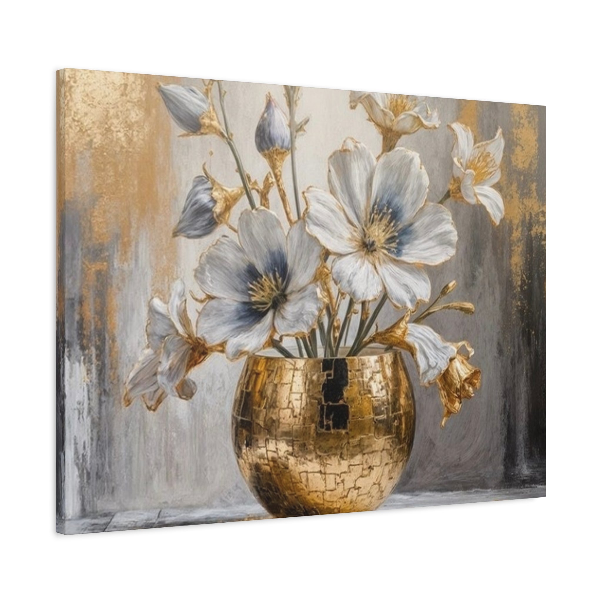 Floral Gold Vase Canvas Print — Elegant White & Blue Flower Wall Art