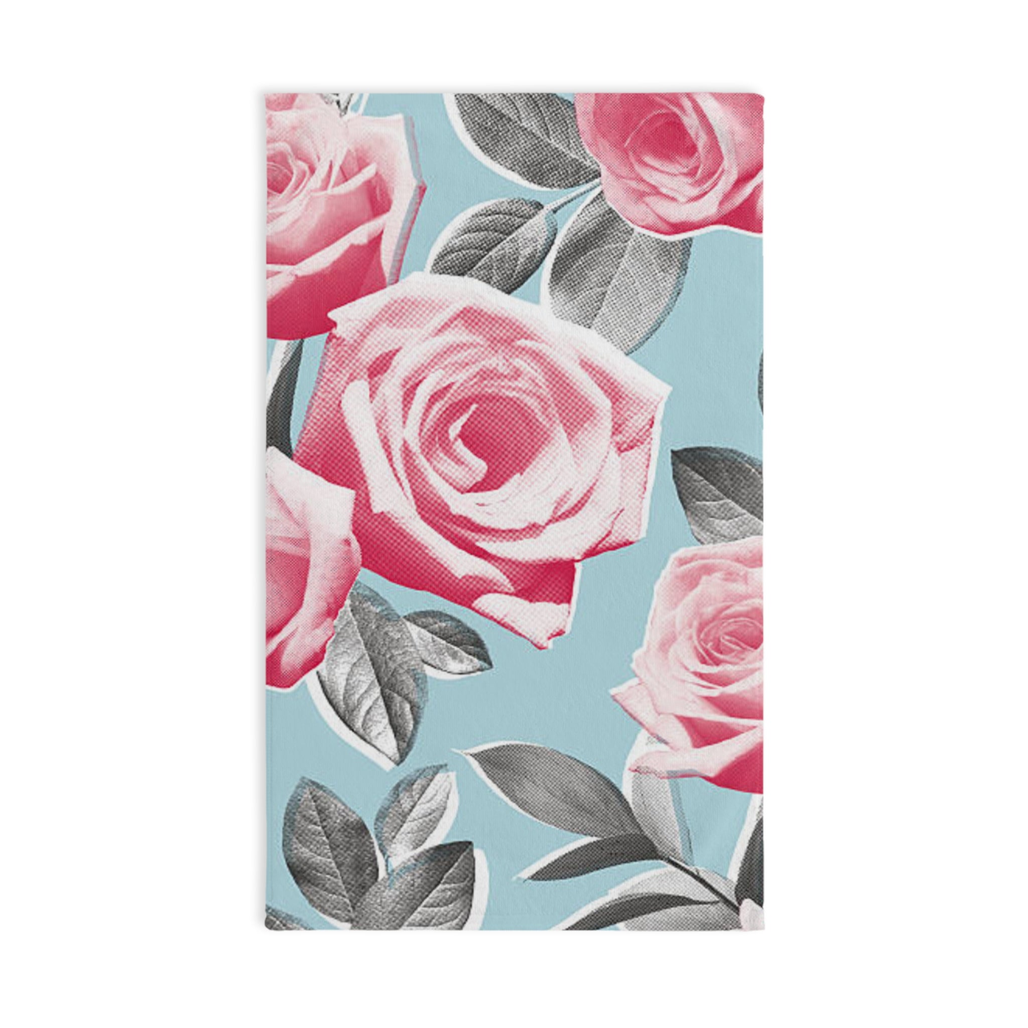 Floral Rose Hand Towel — Pink Roses on Sky Blue Decorative Kitchen & Bath Towel