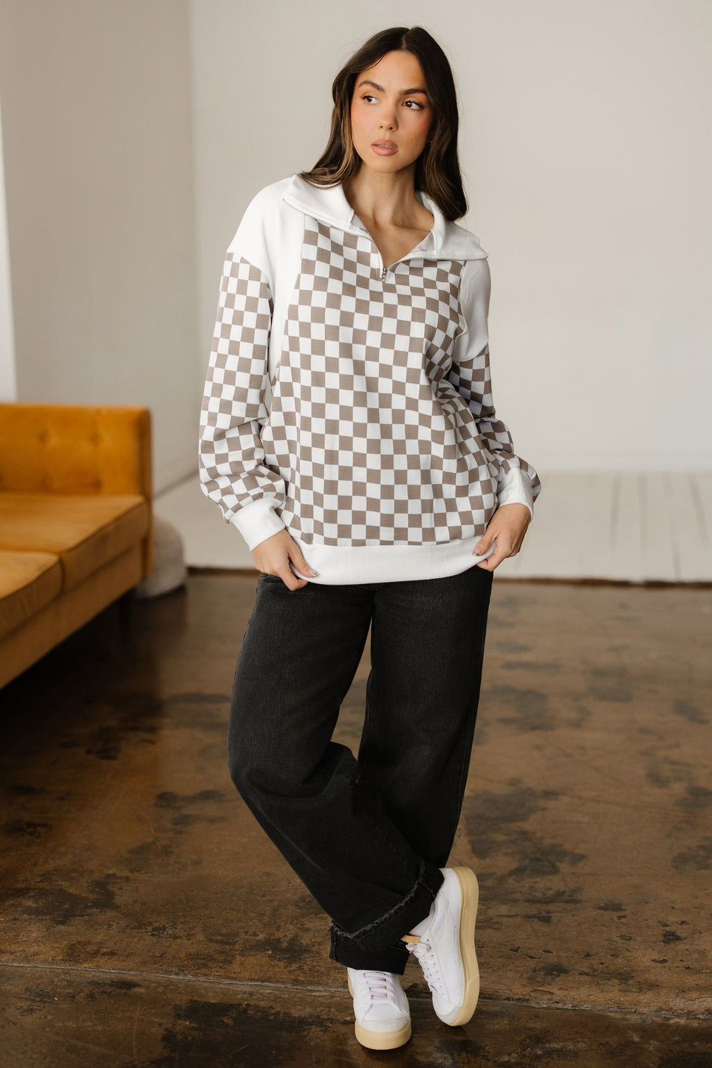 Tan Checkered Sweatshirt