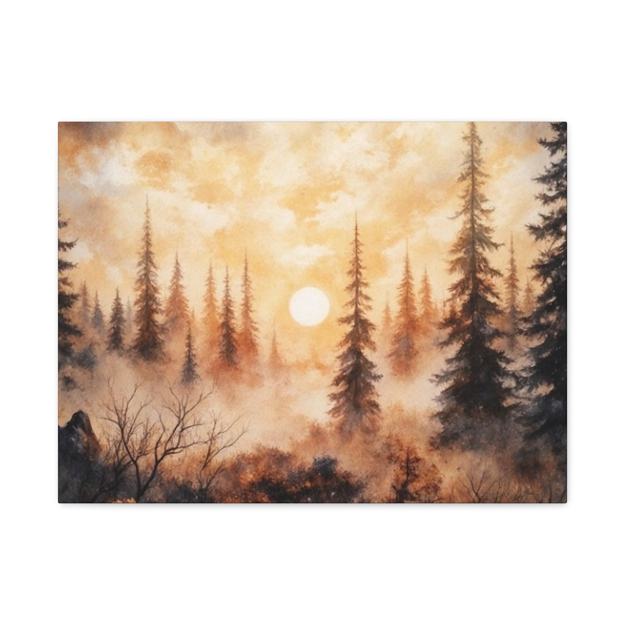 Canvas Wall Art - Misty Pine Forest Sunrise Matte Stretched Canvas