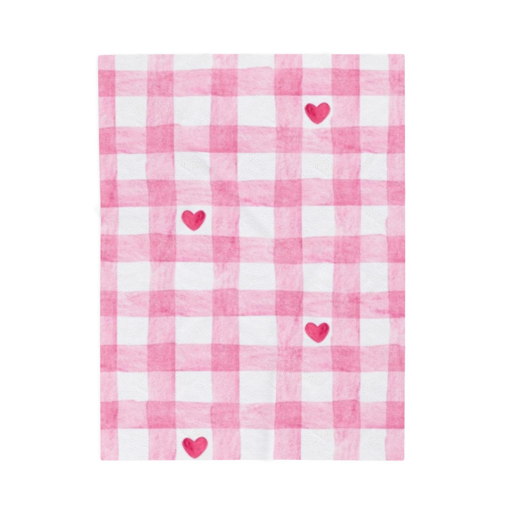 Pink Gingham Heart Velveteen Plush Blanket — Cozy Valentine's Throw