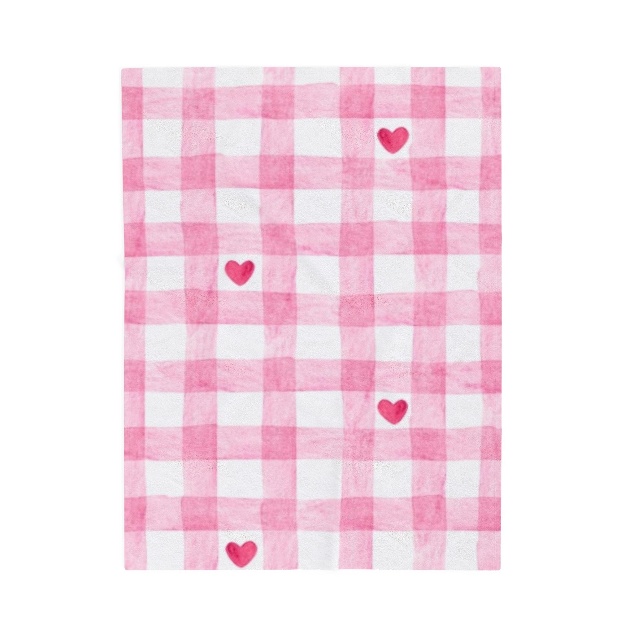 Pink Gingham Heart Velveteen Plush Blanket — Cozy Valentine's Throw