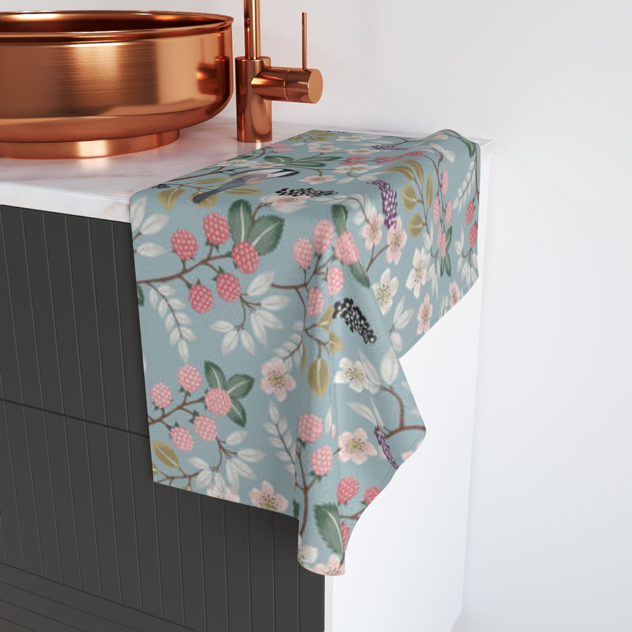 Floral Songbird Hand Towel — Pastel Botanical Kitchen & Bath Decor