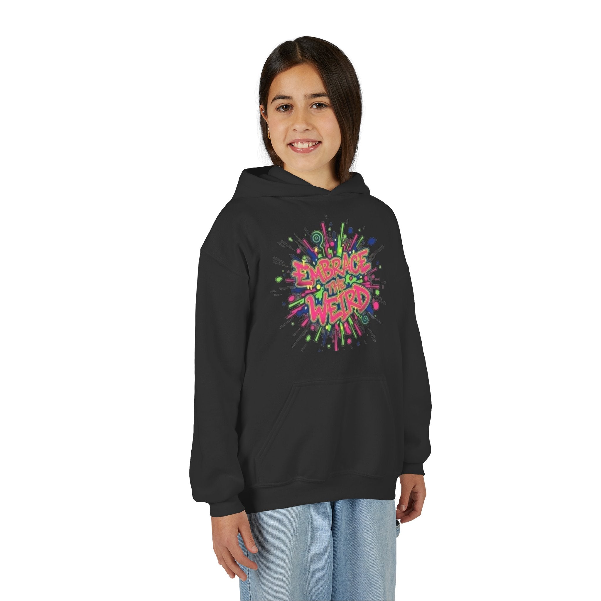 Youth Hoodie — "Embrace the Weird" Colorful Graffiti Graphic