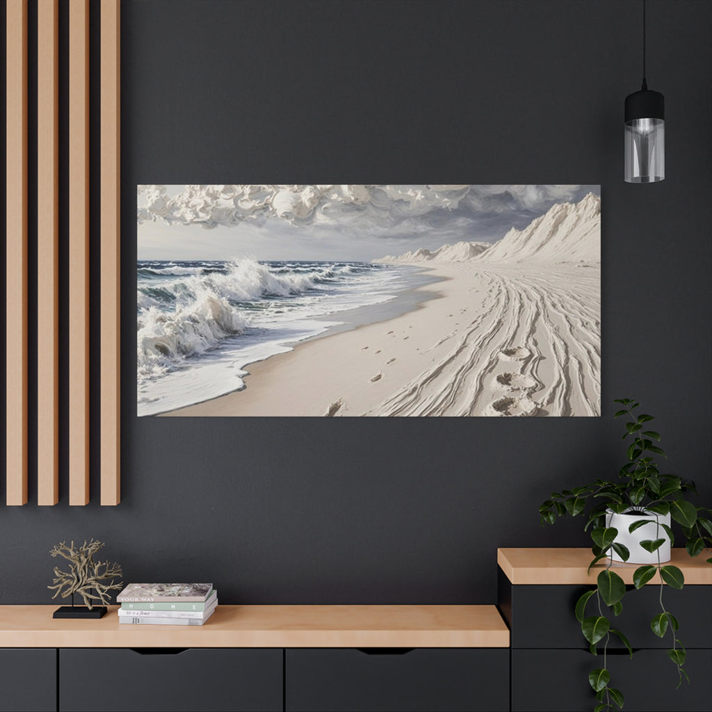 Coastal Serenity Matte Canvas Wall Art — Ocean Waves & Sandy Footprints