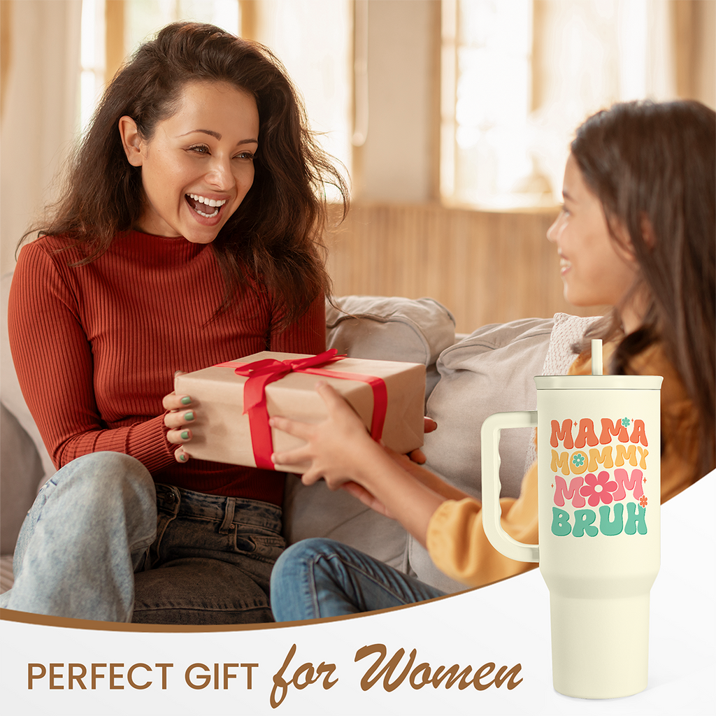 Mom Tumbler with Handle 40oz, Mama Mommy Mom Bruh Cup Stainless Steel Insulated Tumblers Coffee Travel Mugs, Gifts for Moms from Daughter Son, Best Mother Gift for Birthday Christmas Mothers Day