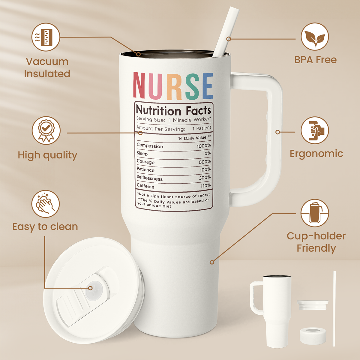 Nurse Tumbler with Handle 40oz, Stainless Steel Tumblers Coffee Travel Mug Cups with Straw, Nurse Appreciation Gifts for Women Female Nurses, Nursing Gift for Birthday Christmas Nurse Week