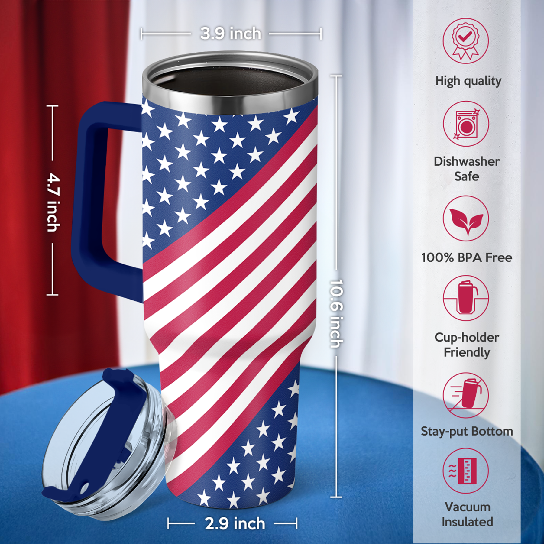 40oz American Flag Tumbler with Handle and Lid
